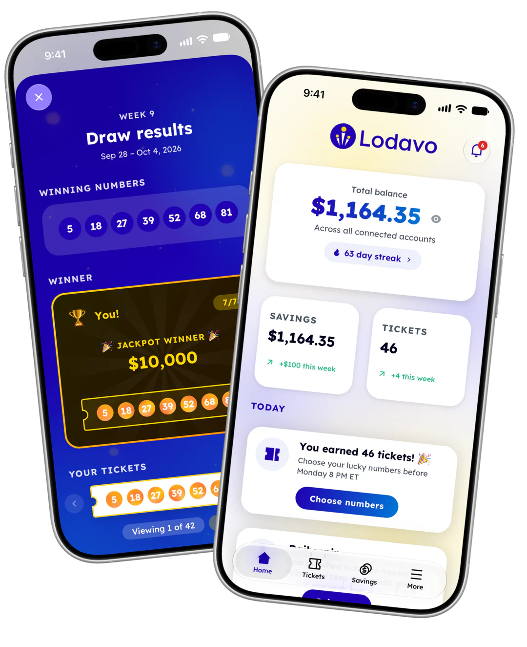 The Lodavo app: your savings balance, the tickets it earned, and a $10,000 jackpot win