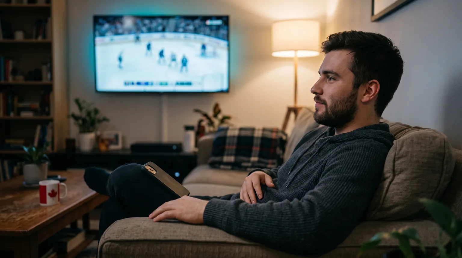 A young man relaxes on the couch with his phone set down, a hockey game on the TV behind him.