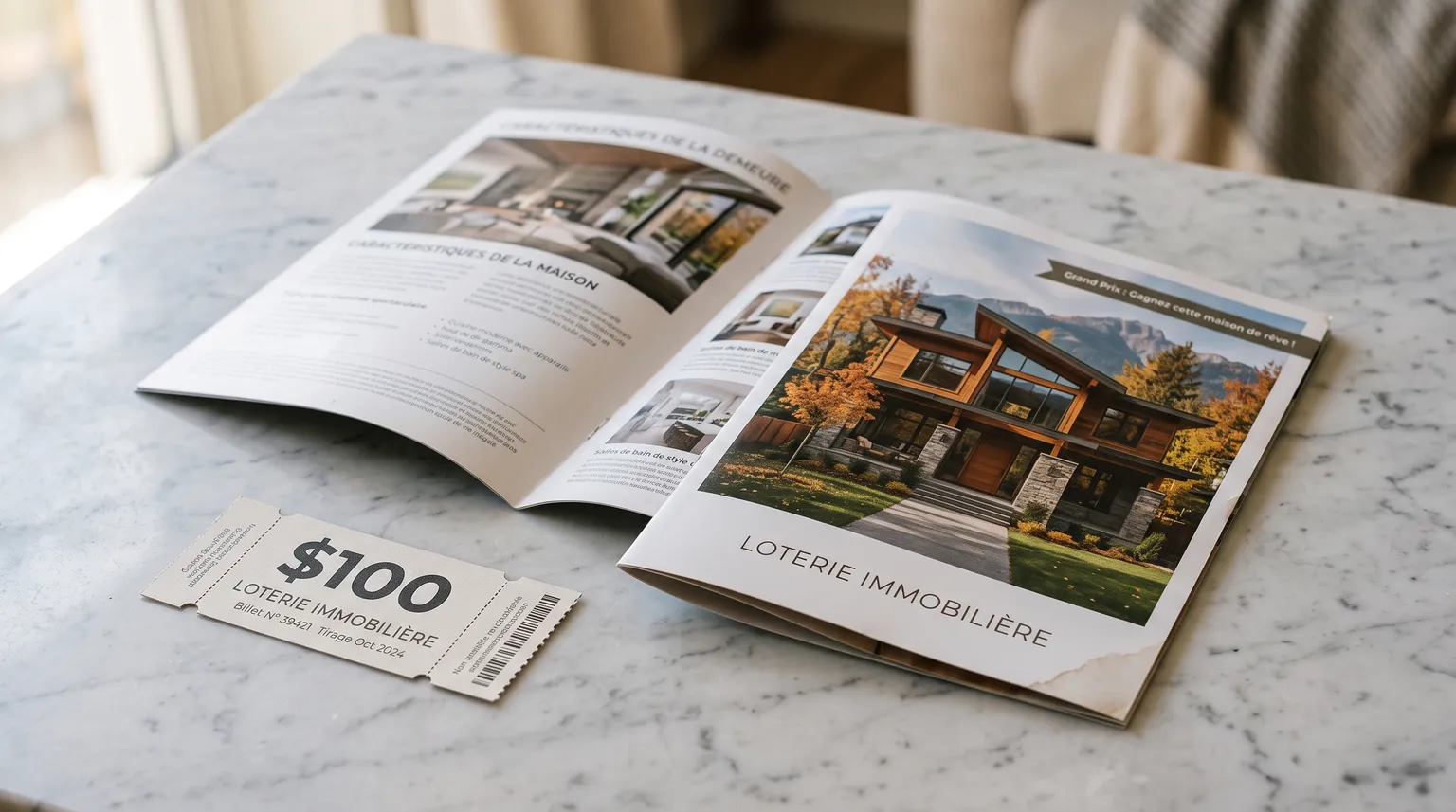 Une brochure glacée de loterie montrant une maison moderne, à côté d'un talon de billet perforé sur du marbre pâle.