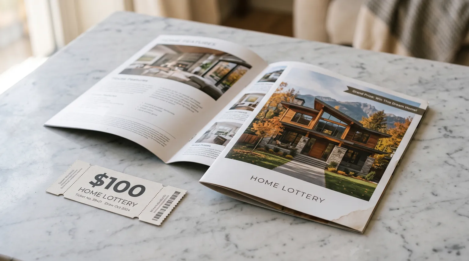 A glossy folded home lottery brochure showing a modern house, with a perforated ticket stub beside it on pale marble.