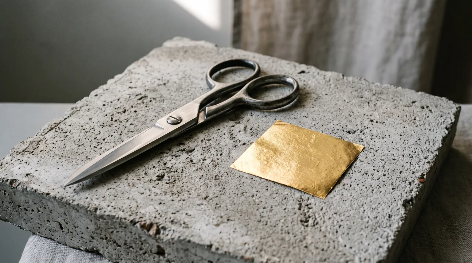 Des ciseaux d'acier fermés posés sur une dalle de béton, à côté d'un carré de feuille d'or intact.