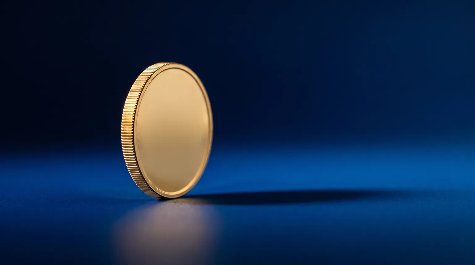 A gold coin balanced upright on its edge on a deep blue surface, poised between two sides.