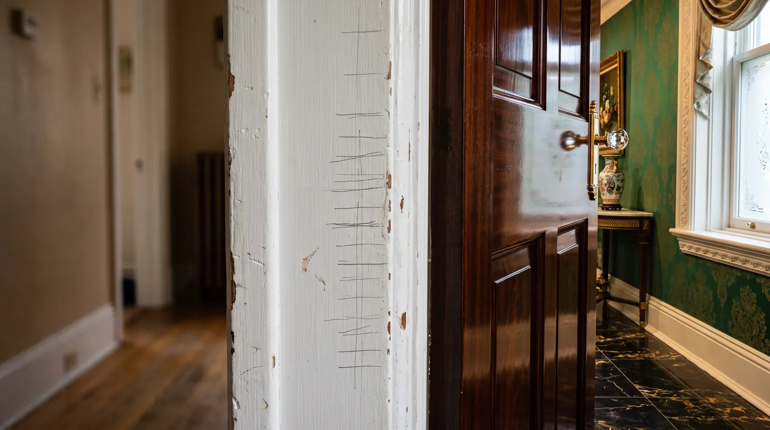 Pencil height marks climbing a worn white painted door frame in soft afternoon light.