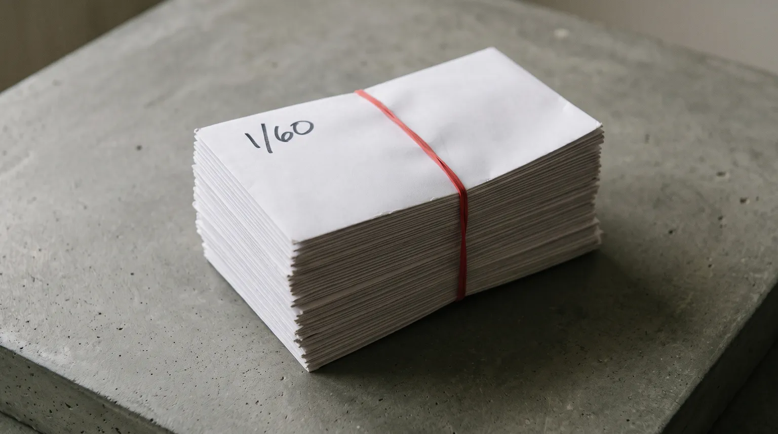A thick stack of payment envelopes held by a rubber band on grey concrete, the top one marked 1/60.