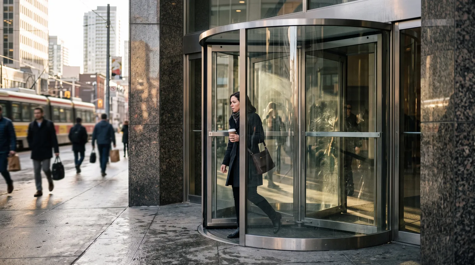 Une porte tournante en verre à l'entrée d'une tour de bureaux au centre-ville, une personne en plein mouvement, lumière du matin.