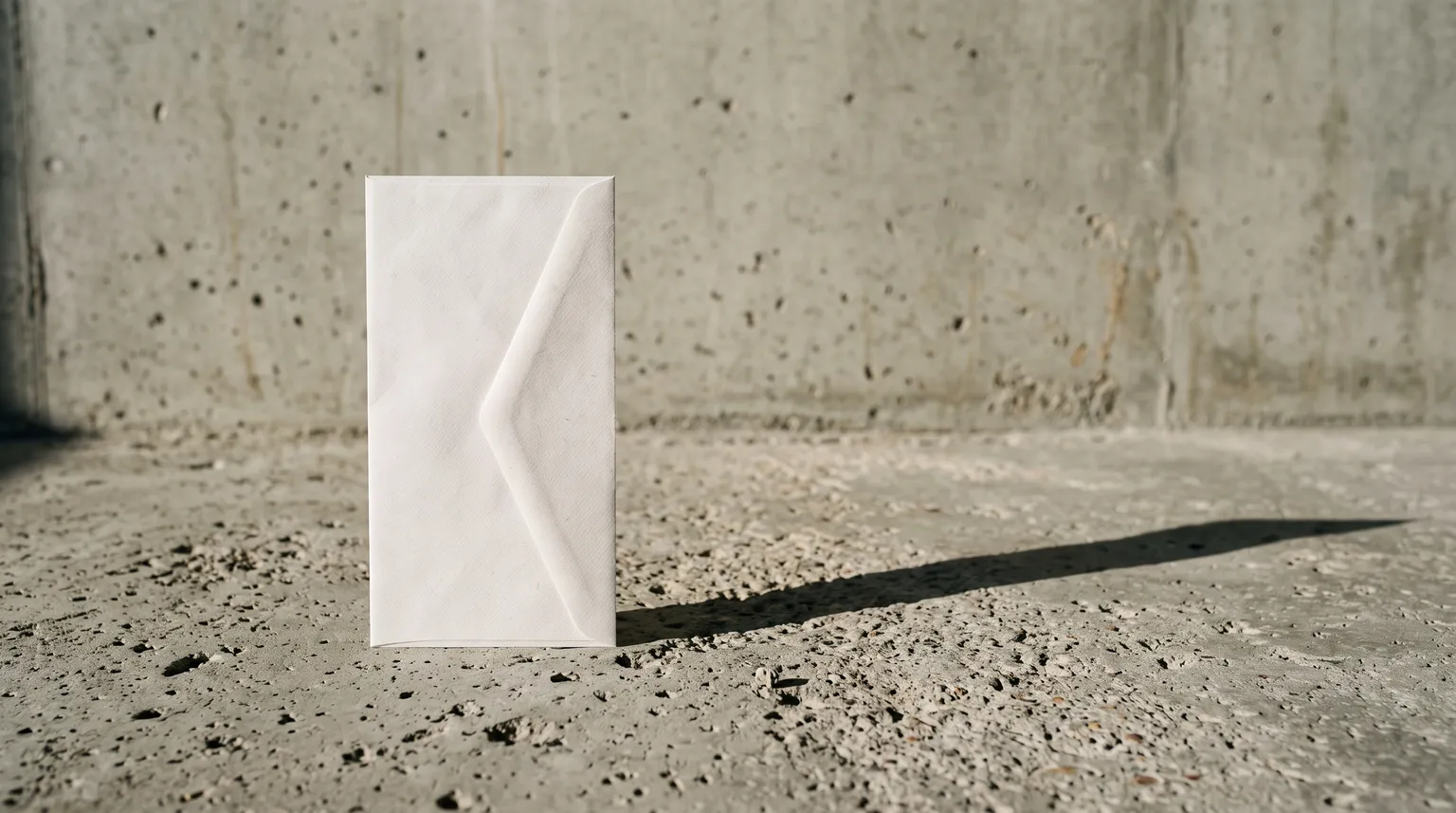 Une enveloppe blanche scellée debout sur une surface de béton nu, projetant une longue ombre nette.