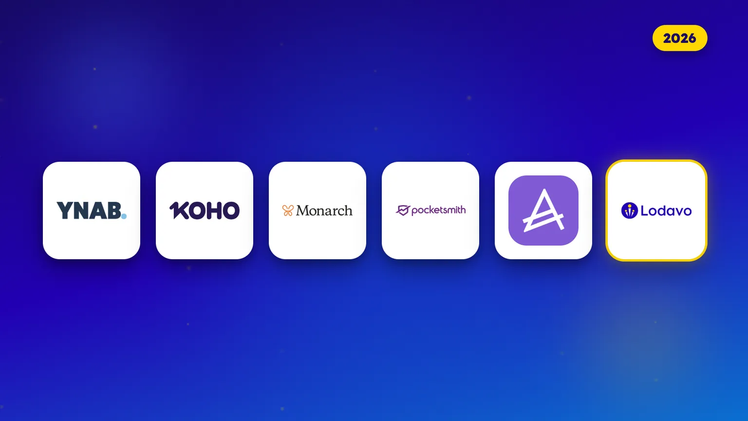 Logos of five budgeting apps available in Canada for 2026, YNAB, KOHO, Monarch Money, PocketSmith and Actual Budget, plus the Lodavo savings app.