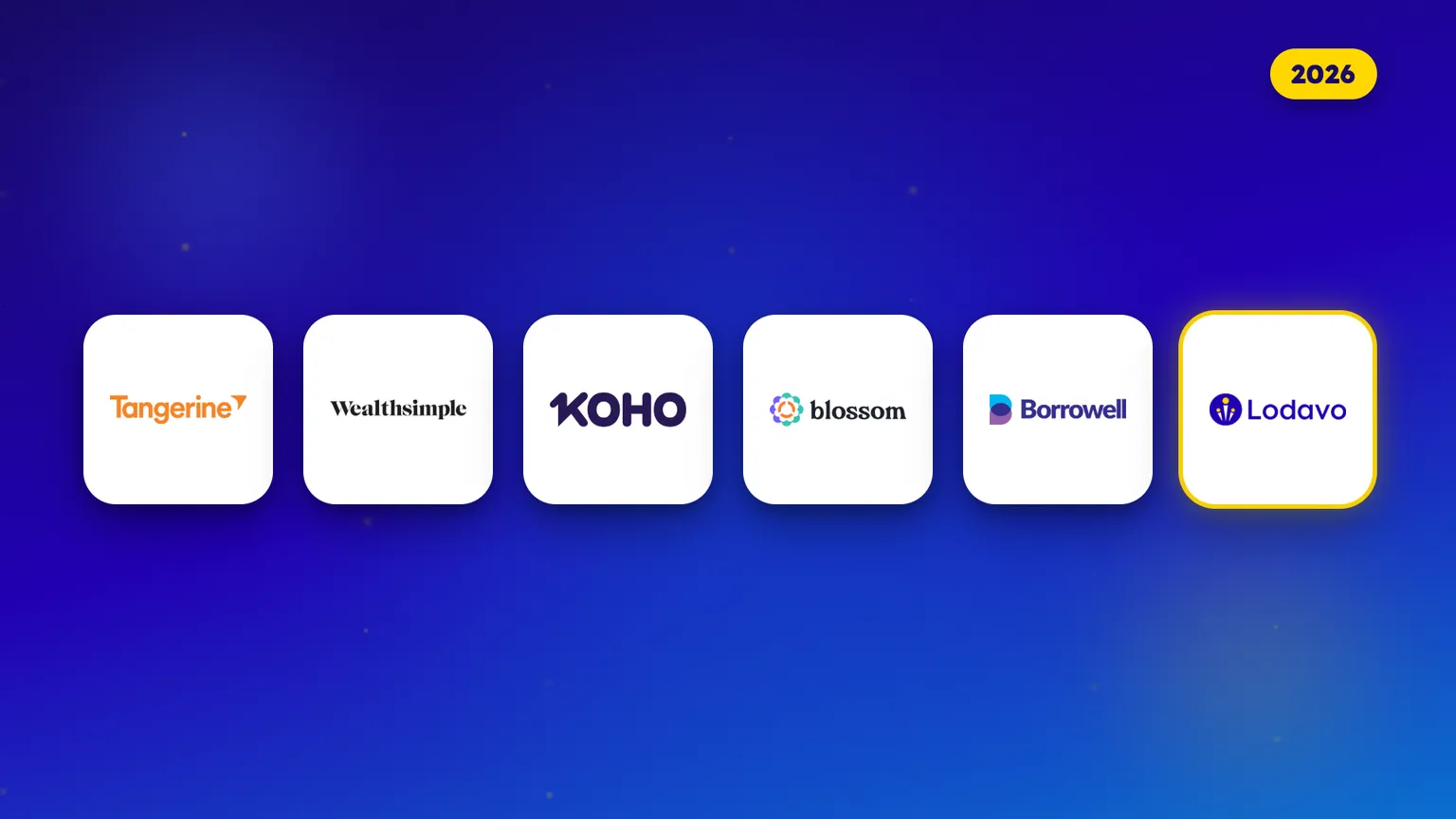 Les logos de six applis financières comparées au Canada en 2026, côte à côte : Tangerine, Wealthsimple, KOHO, Blossom, Borrowell et Lodavo.