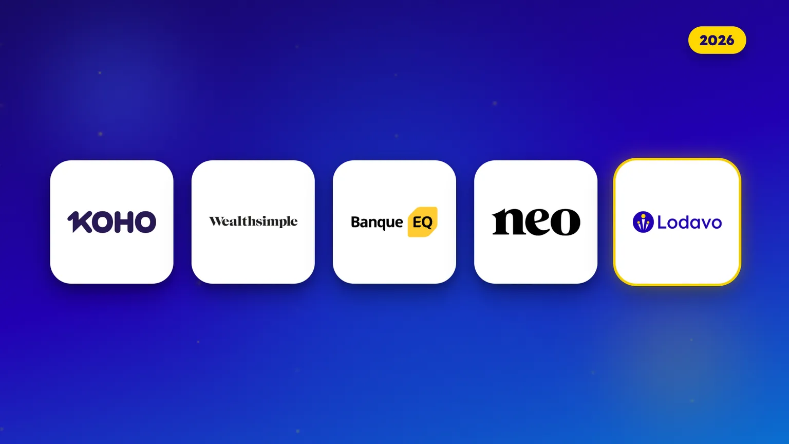 Les logos de cinq applis financières canadiennes pour étudiants, côte à côte pour 2026 : KOHO, Wealthsimple, Banque EQ, Neo et Lodavo.