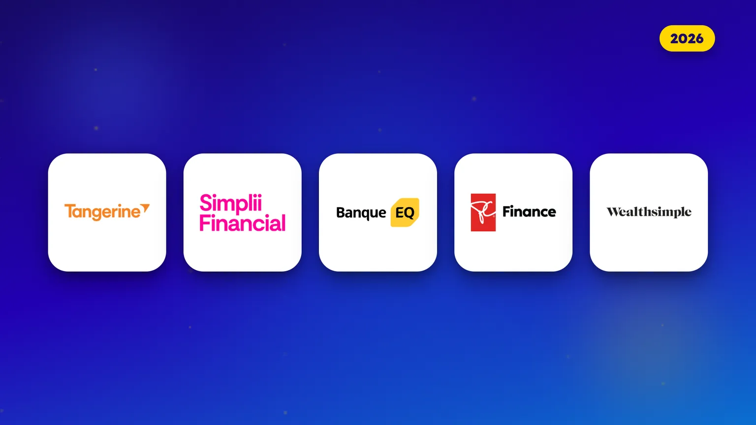 Logos de cinq comptes bancaires sans frais au Canada en 2026, côte à côte, soit Tangerine, Simplii, Banque EQ, PC Finance et Wealthsimple.