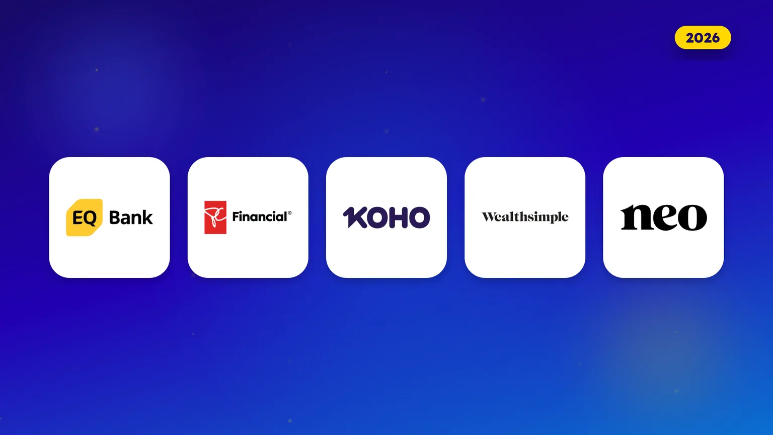 Logos of five Canadian prepaid cards on a blue gradient: EQ Bank, PC Financial, KOHO, Wealthsimple and Neo, beside a 2026 chip.