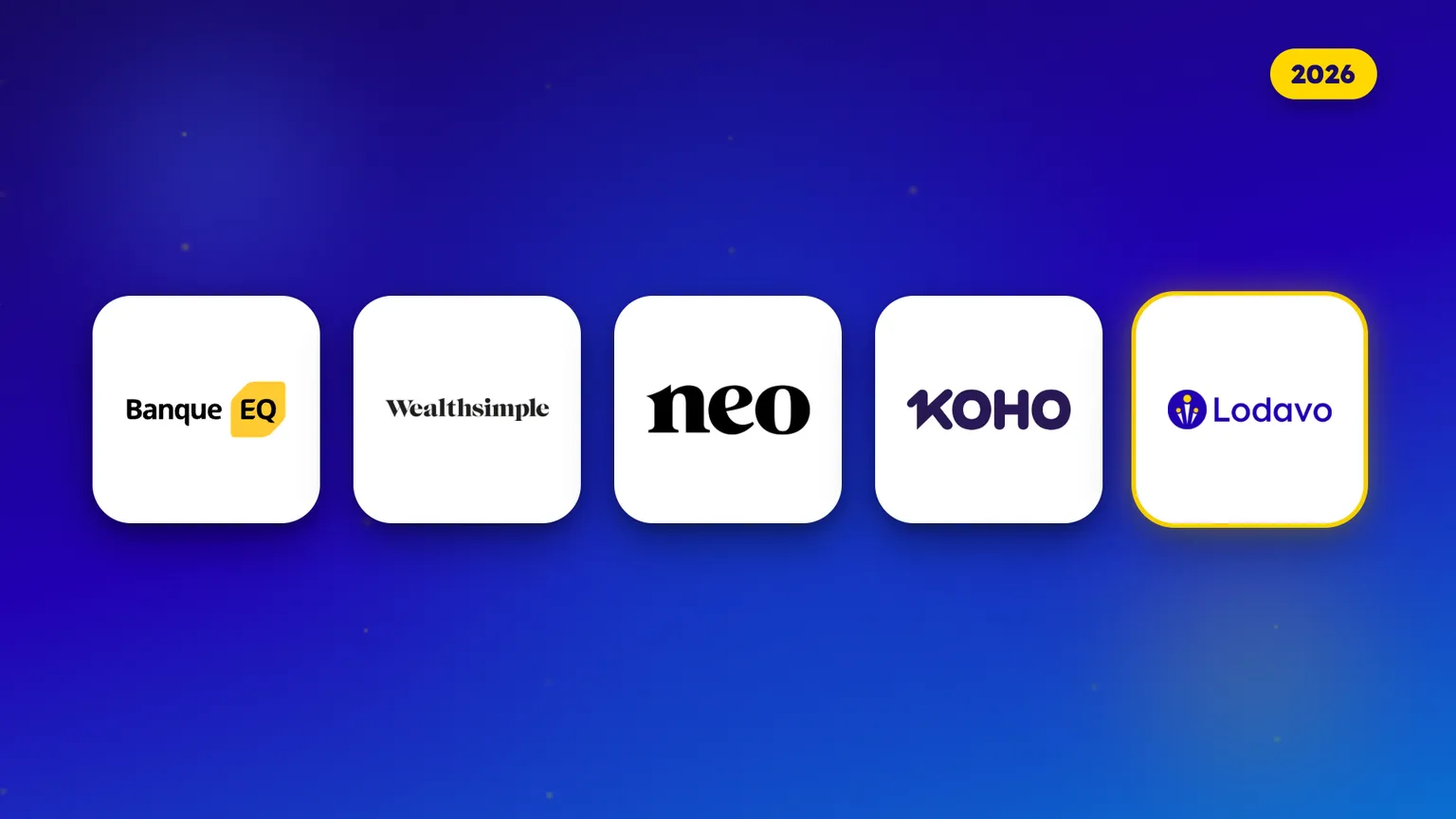 Les logos de cinq applis d'épargne canadiennes côte à côte pour 2026 : Banque EQ, Wealthsimple, Neo, KOHO et Lodavo.