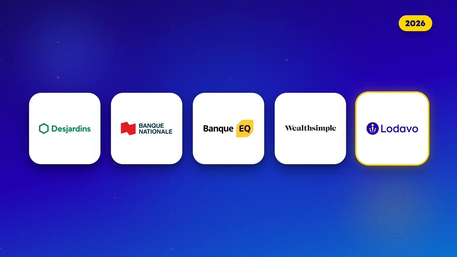Logos de quatre institutions financières accessibles à un épargnant québécois en 2026 : Desjardins, Banque Nationale, Banque EQ et Wealthsimple, plus l'appli d'épargne Lodavo.