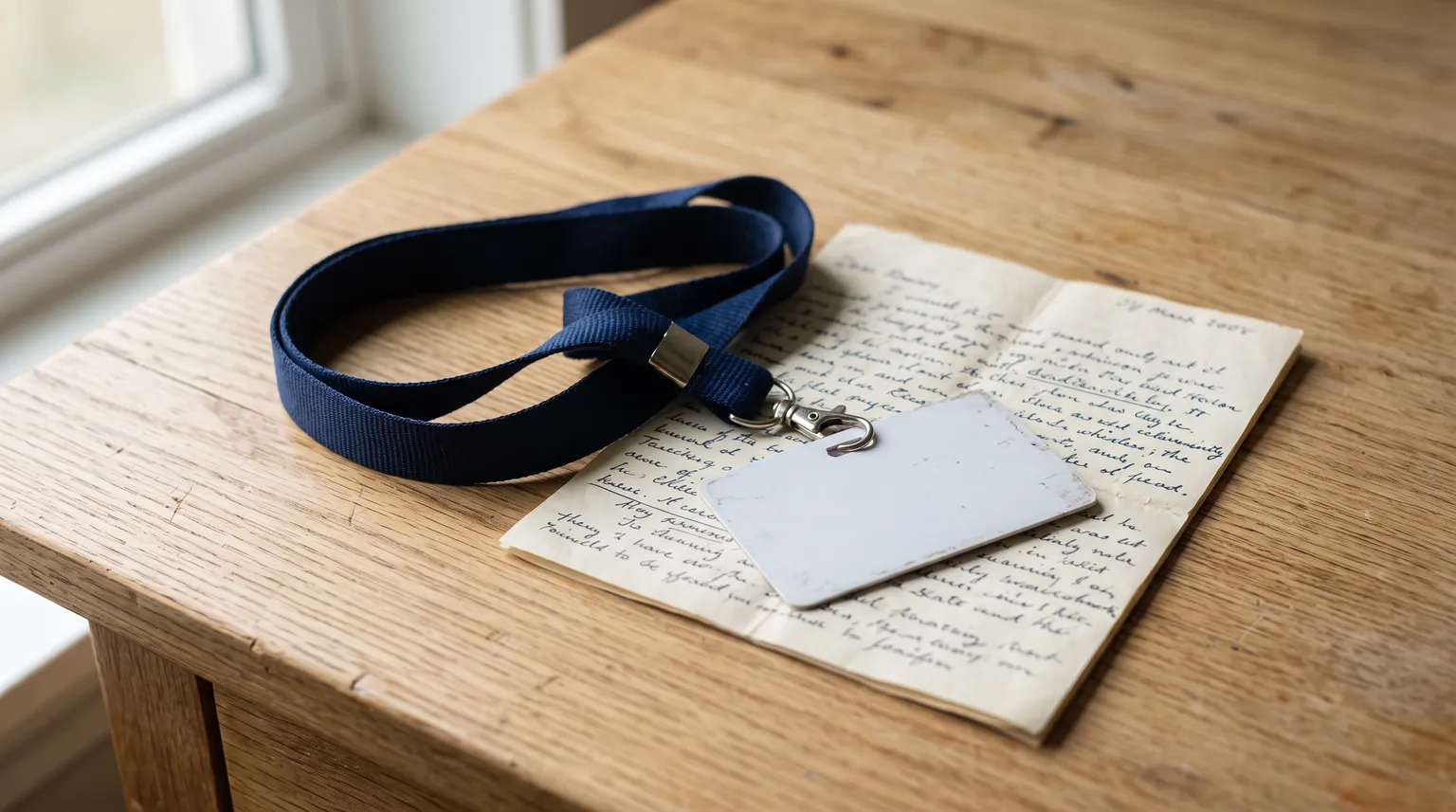 Une carte d'employé sur un cordon posée sur une lettre pliée, sur un bureau en bois vide.