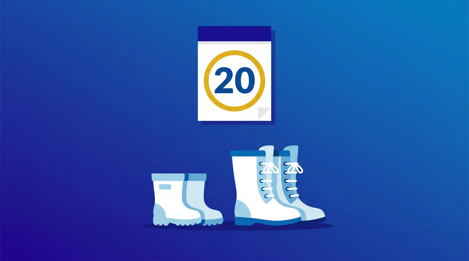 Calendar page with the 20th circled in gold above two pairs of children's boots.