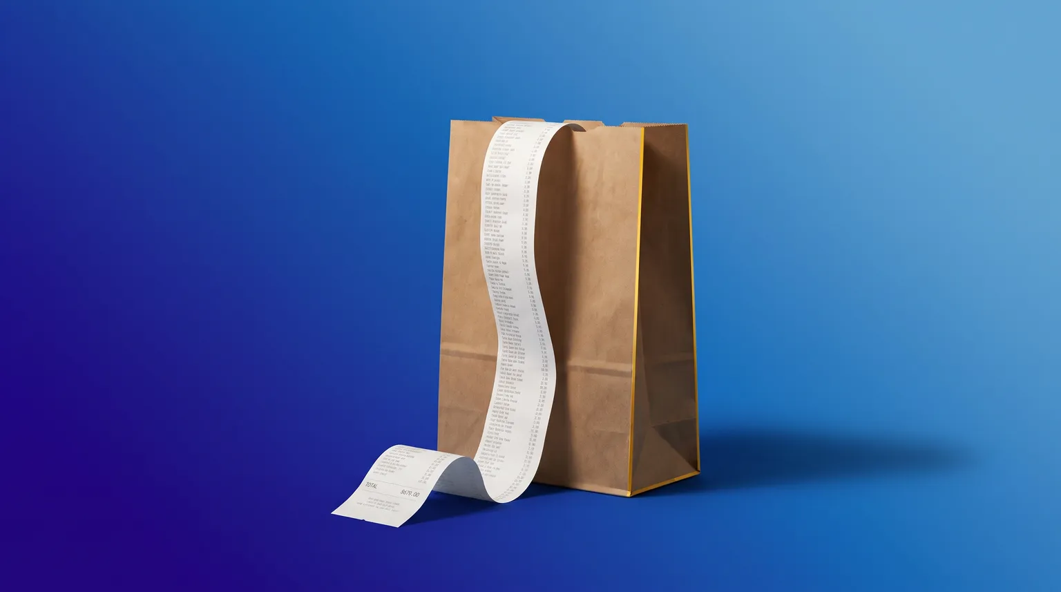 Un sac d'épicerie en papier brun sur fond bleu foncé, un long reçu qui s'en déroule.
