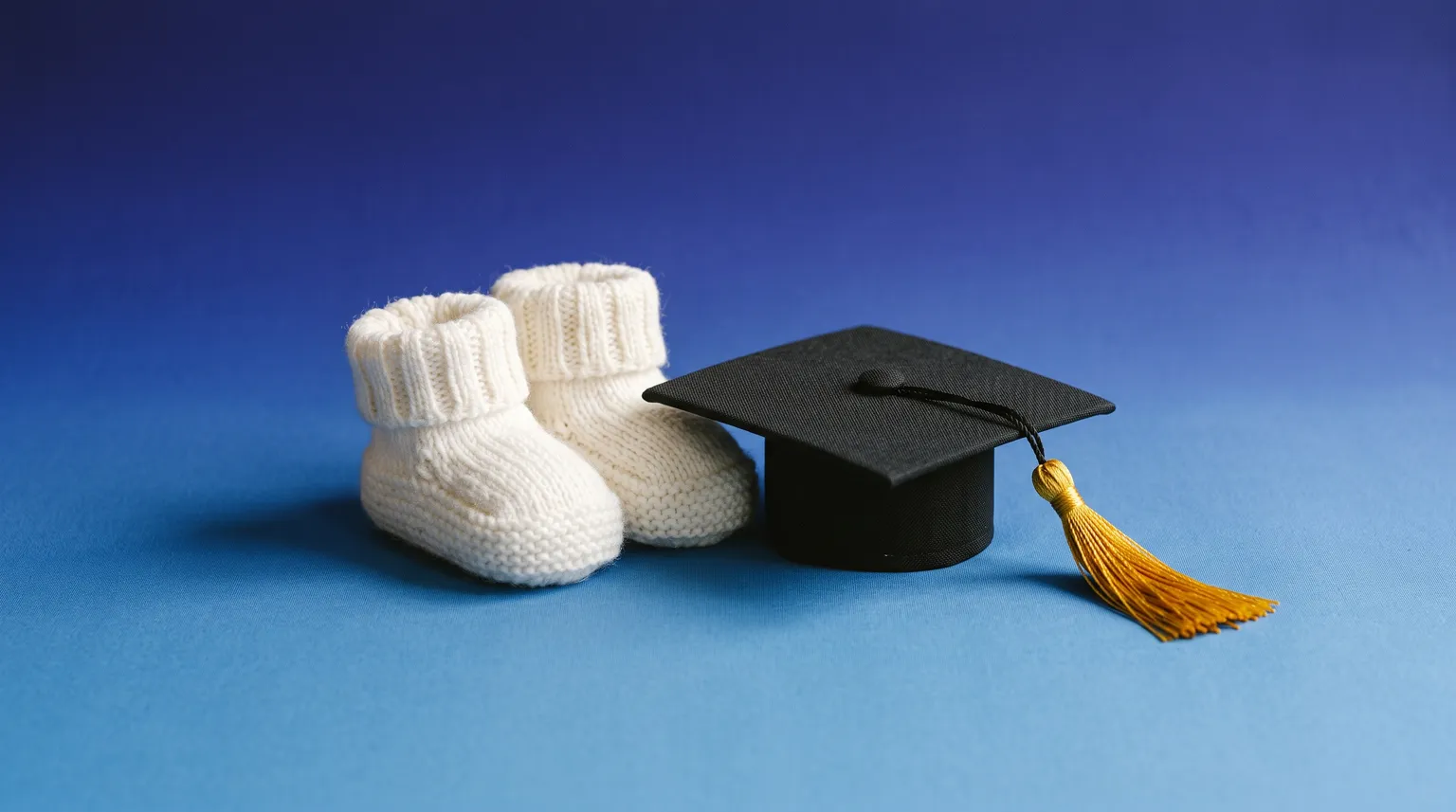 Des chaussons de bébé en tricot blanc à côté d'un petit chapeau de finissant au gland doré, sur fond bleu foncé.