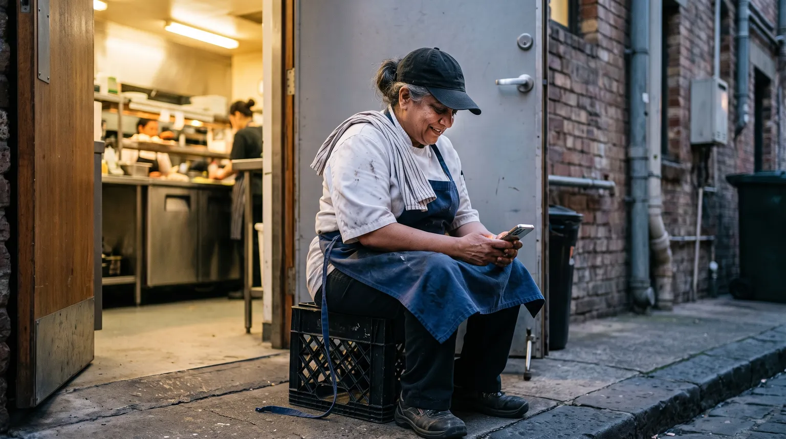 A line cook sits on a milk crate by a restaurant's back door after a shift, checking her phone.