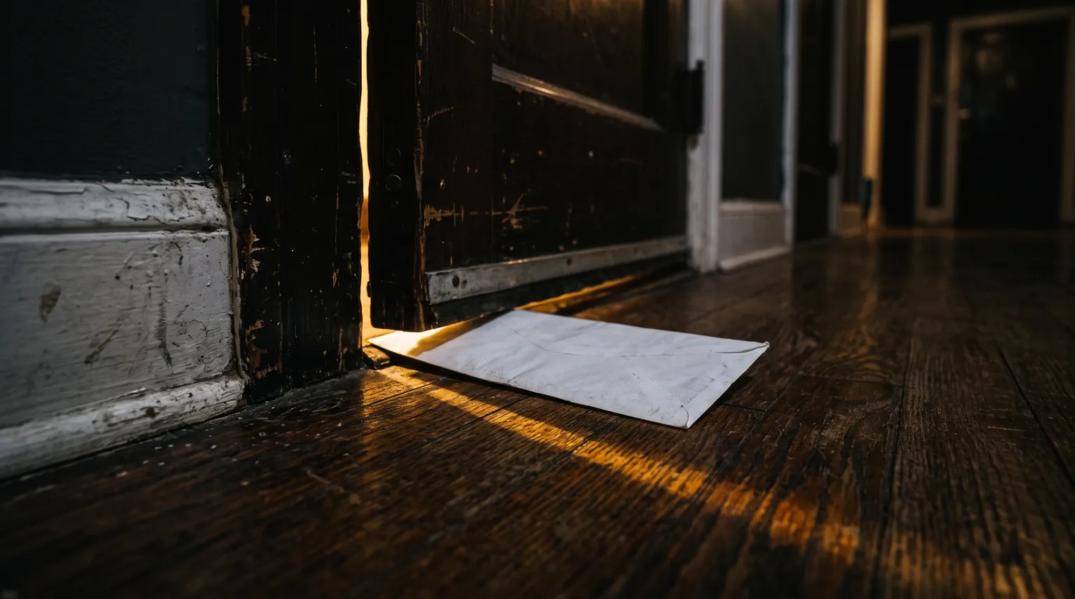 Une enveloppe non ouverte coincée sous la porte d'un appartement, éclairée par une bande de lumière du corridor.