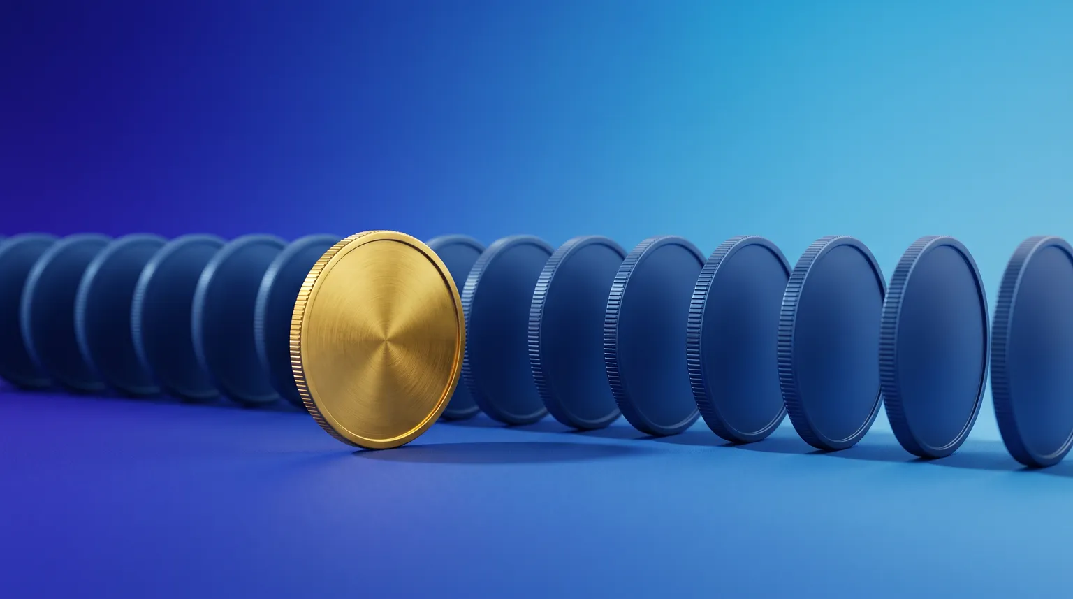 A row of coins standing on edge on deep blue, one gold coin pulled forward out of the line.