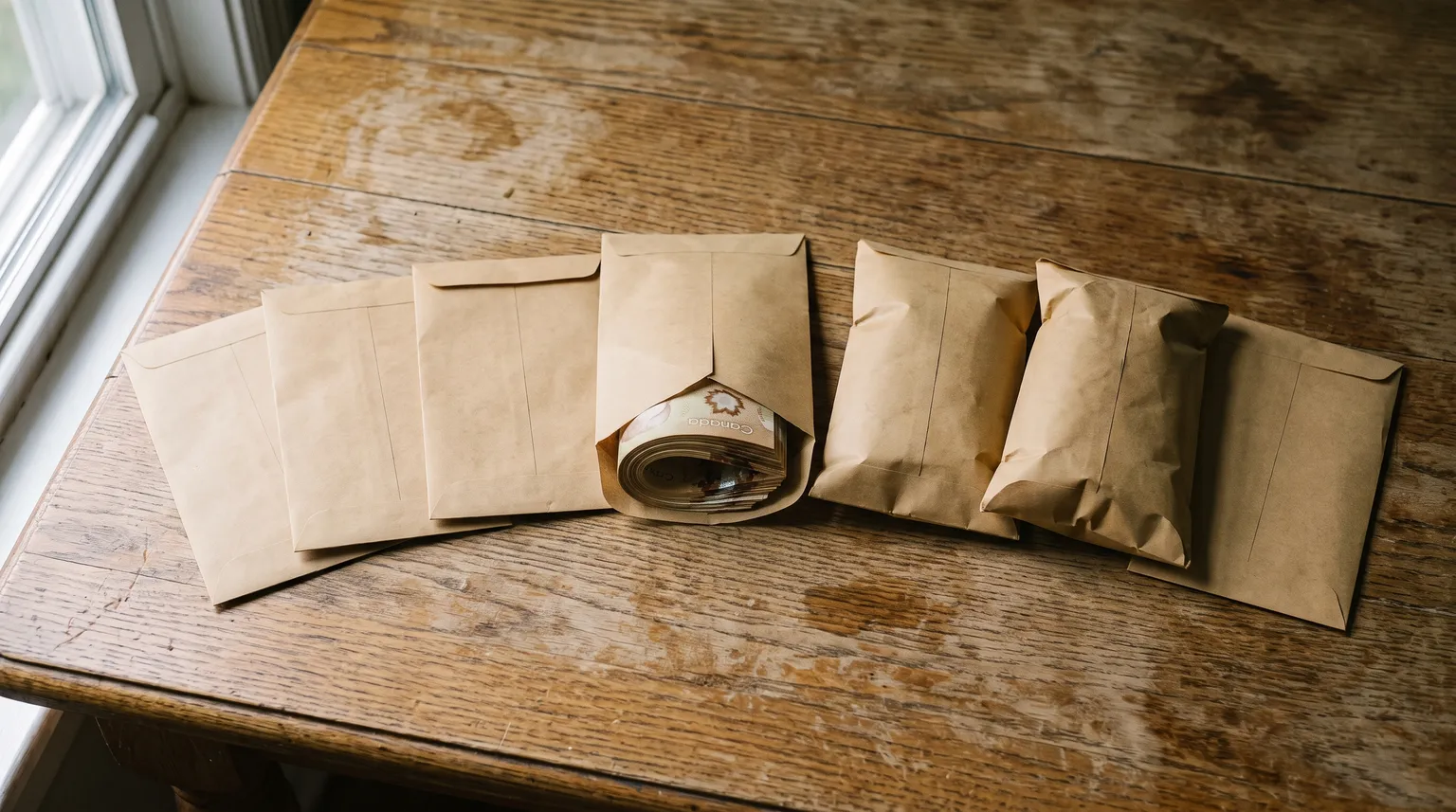 Des enveloppes de papier kraft étalées sur une table en bois usée, des billets pliés dépassant de l'une d'elles.