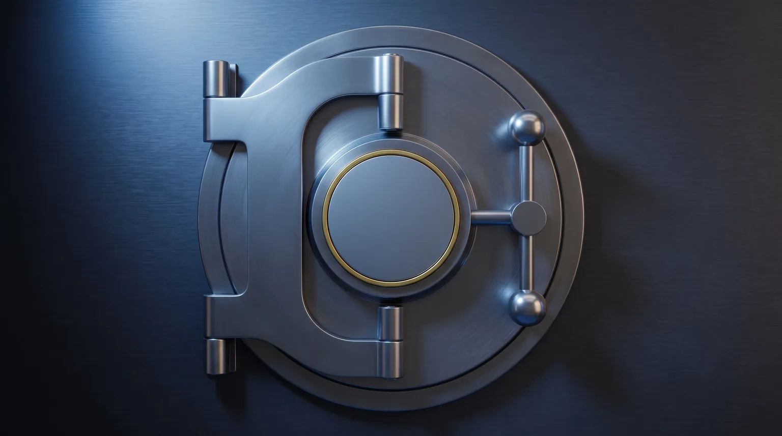 La porte ronde en acier d'une chambre forte sur une surface métallique brossée, éclairée en bleu avec un petit cadran doré au centre.