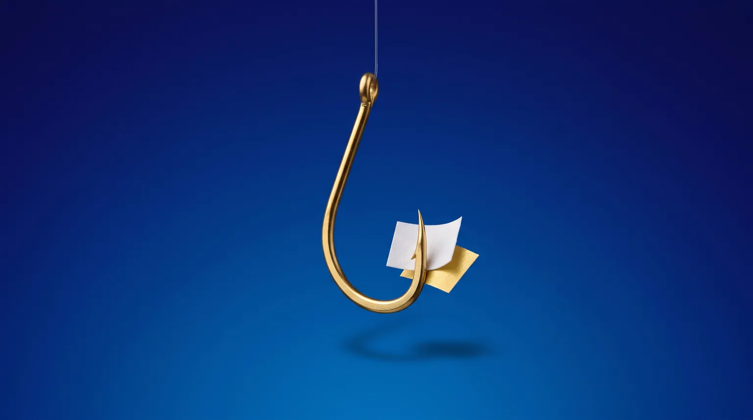 Un hameçon doré avec des confettis accrochés dessus, sur un fond bleu profond.