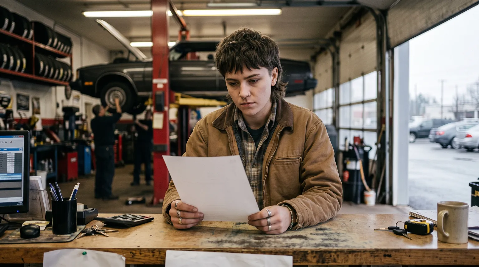 Un homme en veste de travail lit une facture de réparation au comptoir d'un garage.