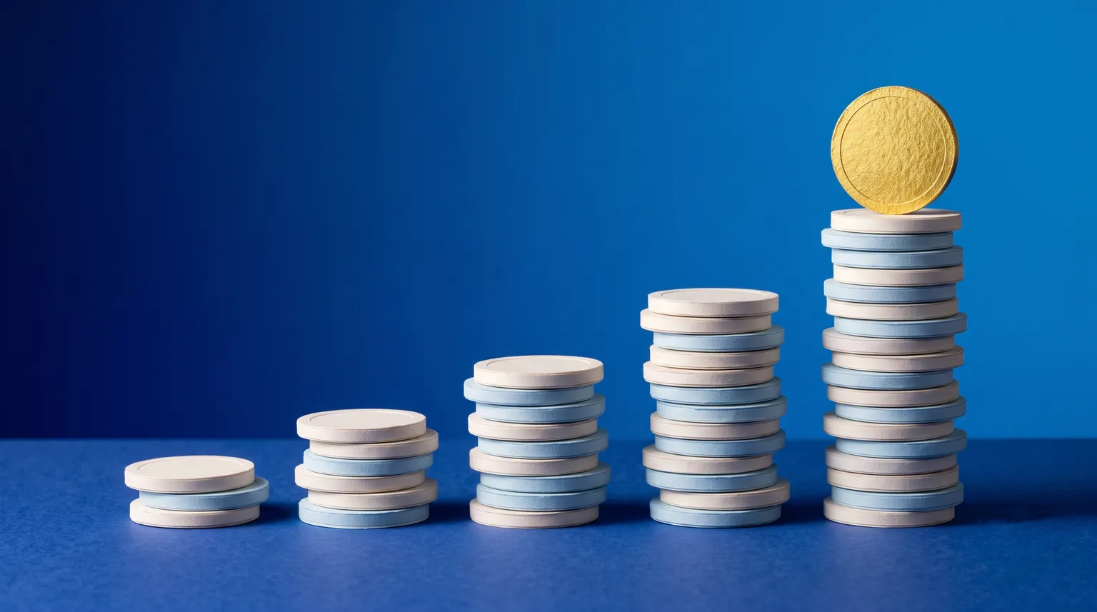 Paper-craft coin stacks rising left to right on a deep blue background, the tallest one topped by a single gold coin.