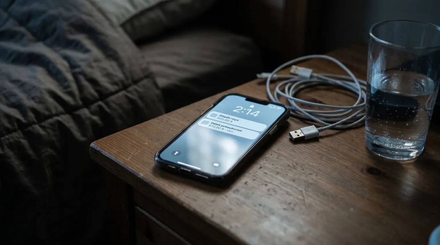 Un téléphone sur une table de chevet, la nuit, qui affiche un dépôt de 500 $ au-dessus d'un débit préautorisé de 570 $ prévu vendredi.