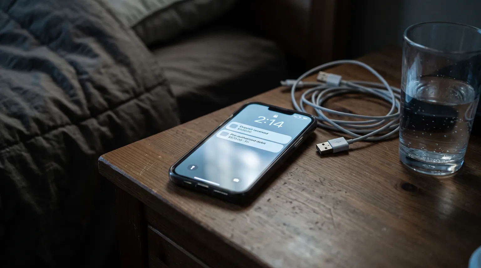 A phone on a nightstand at night showing a $500 deposit notification above a $570 pre-authorized debit scheduled for Friday.