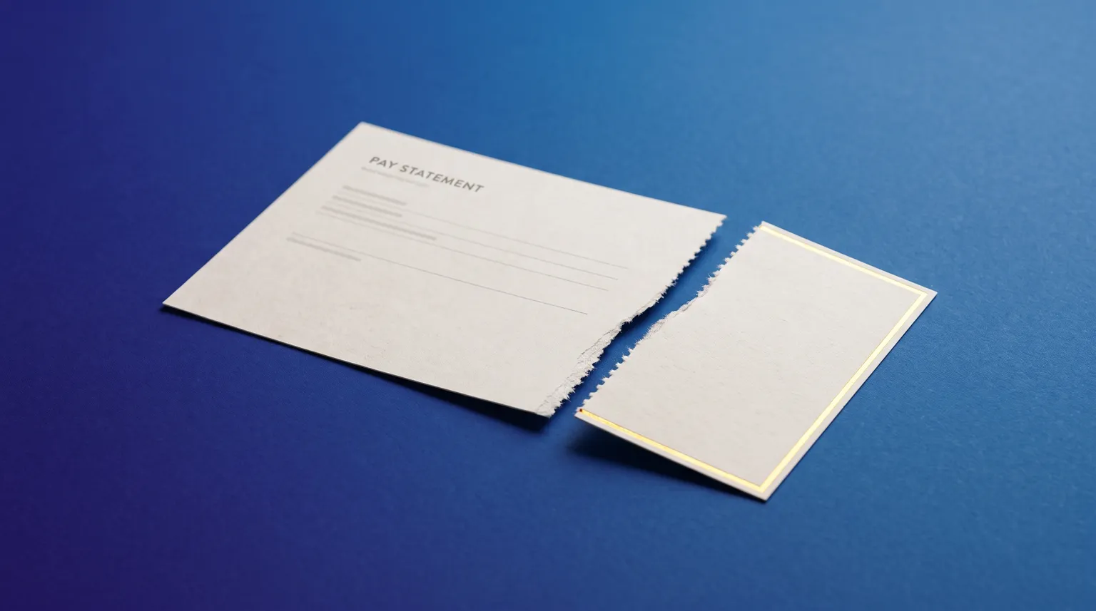 A paper pay stub on deep blue, one section torn along its perforation and pulled forward.