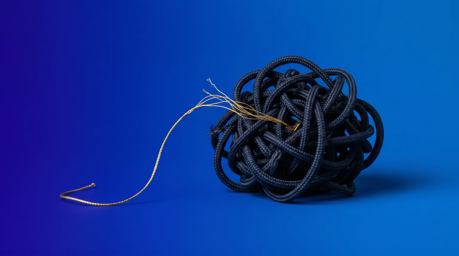 A tangled dark cord against a deep blue background, with one gold thread pulling loose.