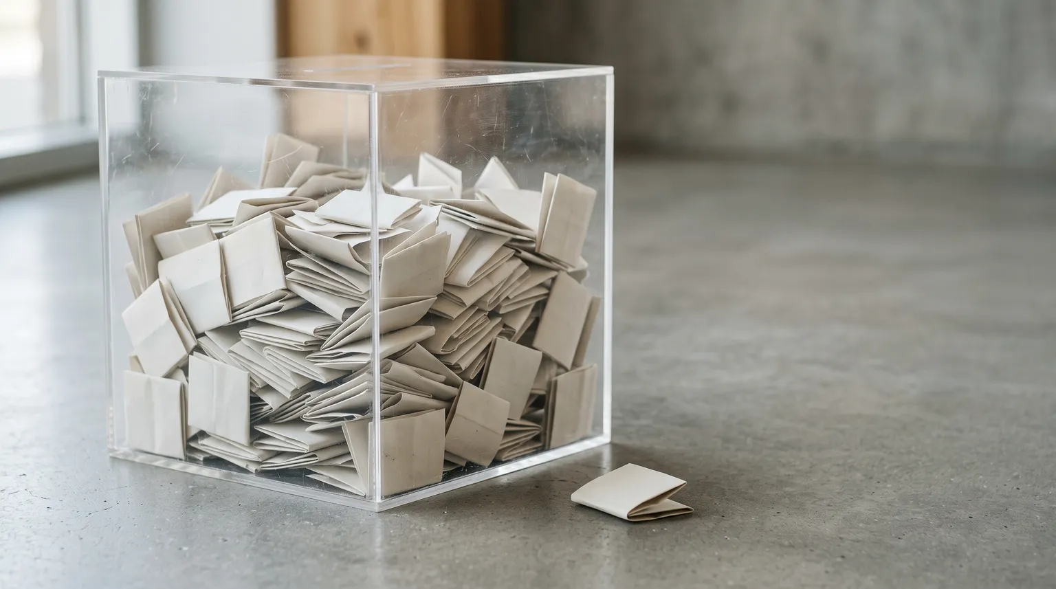 Une urne transparente remplie de bulletins de participation pliés sur une surface de béton gris, un bulletin posé à côté.