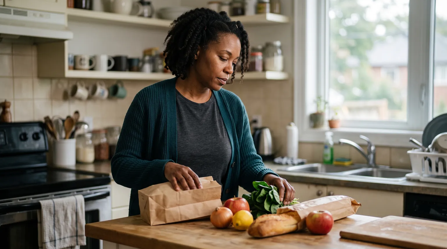 Une femme déballe un petit sac d'épicerie sur le comptoir de sa cuisine, regardant pensivement les quelques articles.