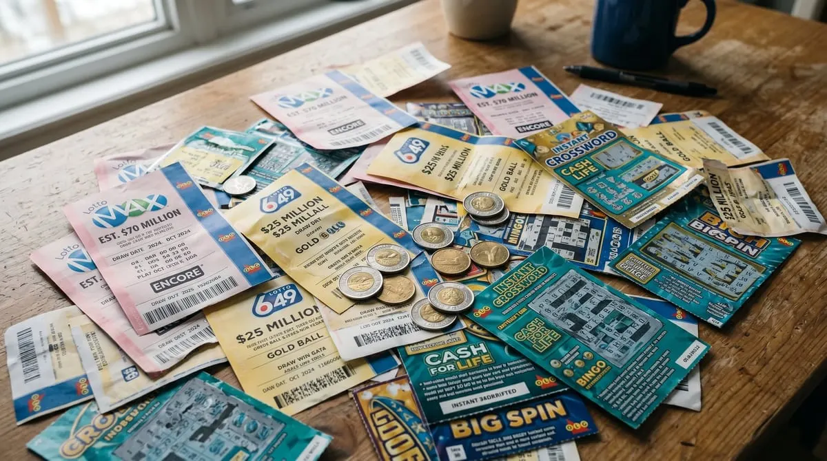Des dizaines de billets de loterie et de cartes à gratter canadiens éparpillés sur une table avec quelques pièces.