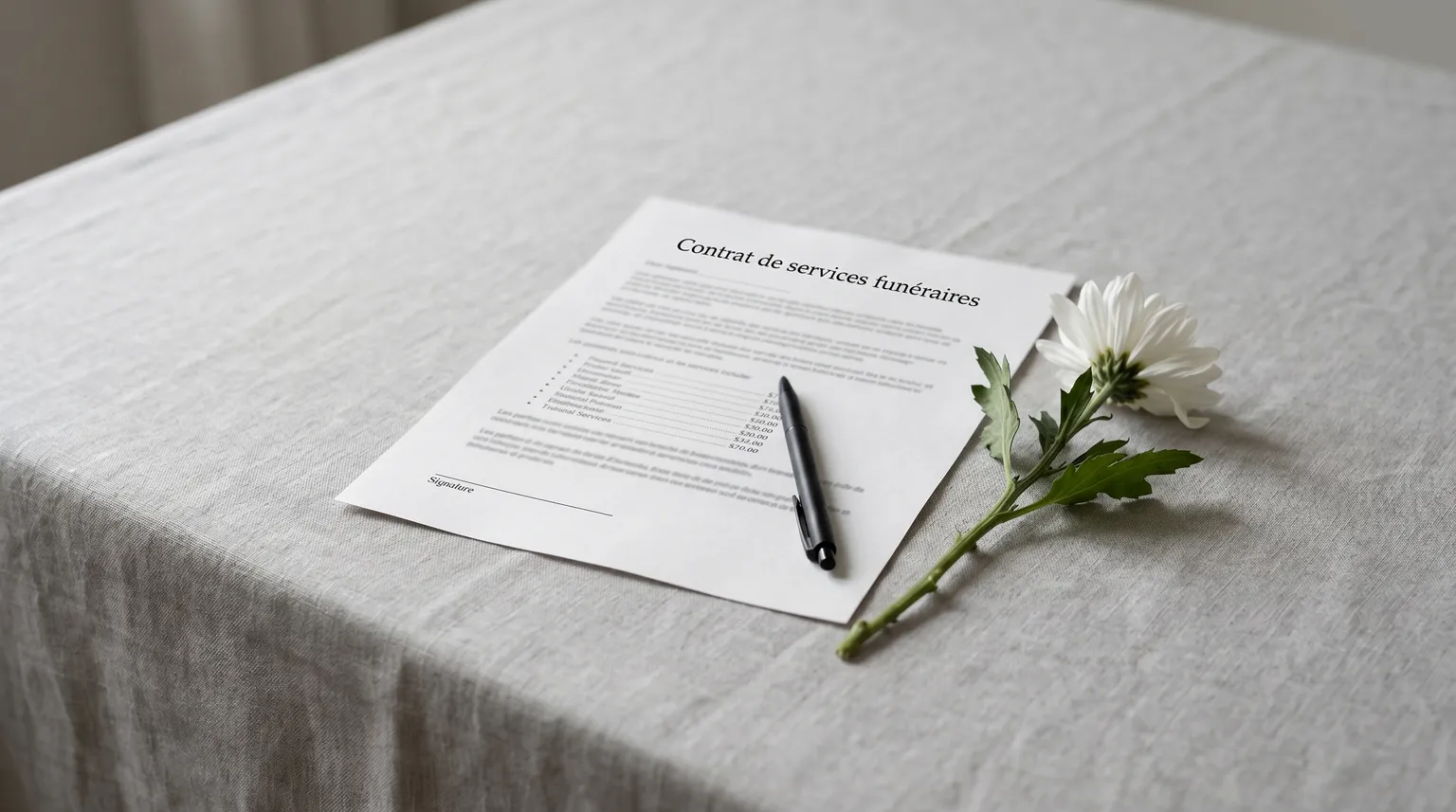 Un contrat de services funéraires non signé sur une nappe gris pâle, avec un stylo noir posé en travers et un chrysanthème blanc à côté.