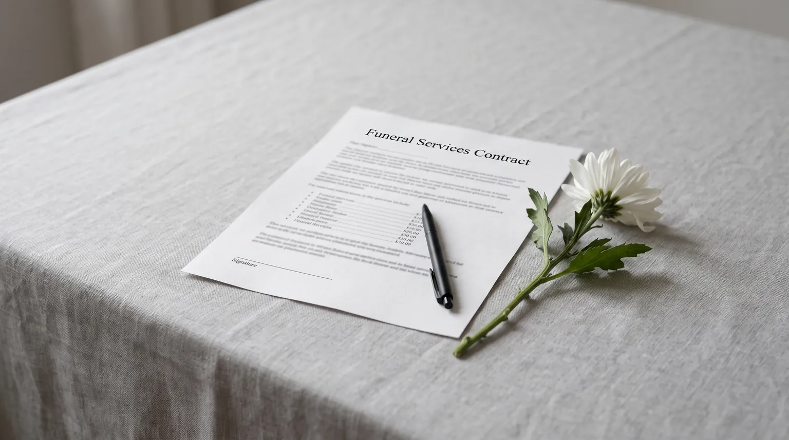 An unsigned funeral services contract on a pale grey tablecloth, with a black pen lying across it and a white chrysanthemum beside it.
