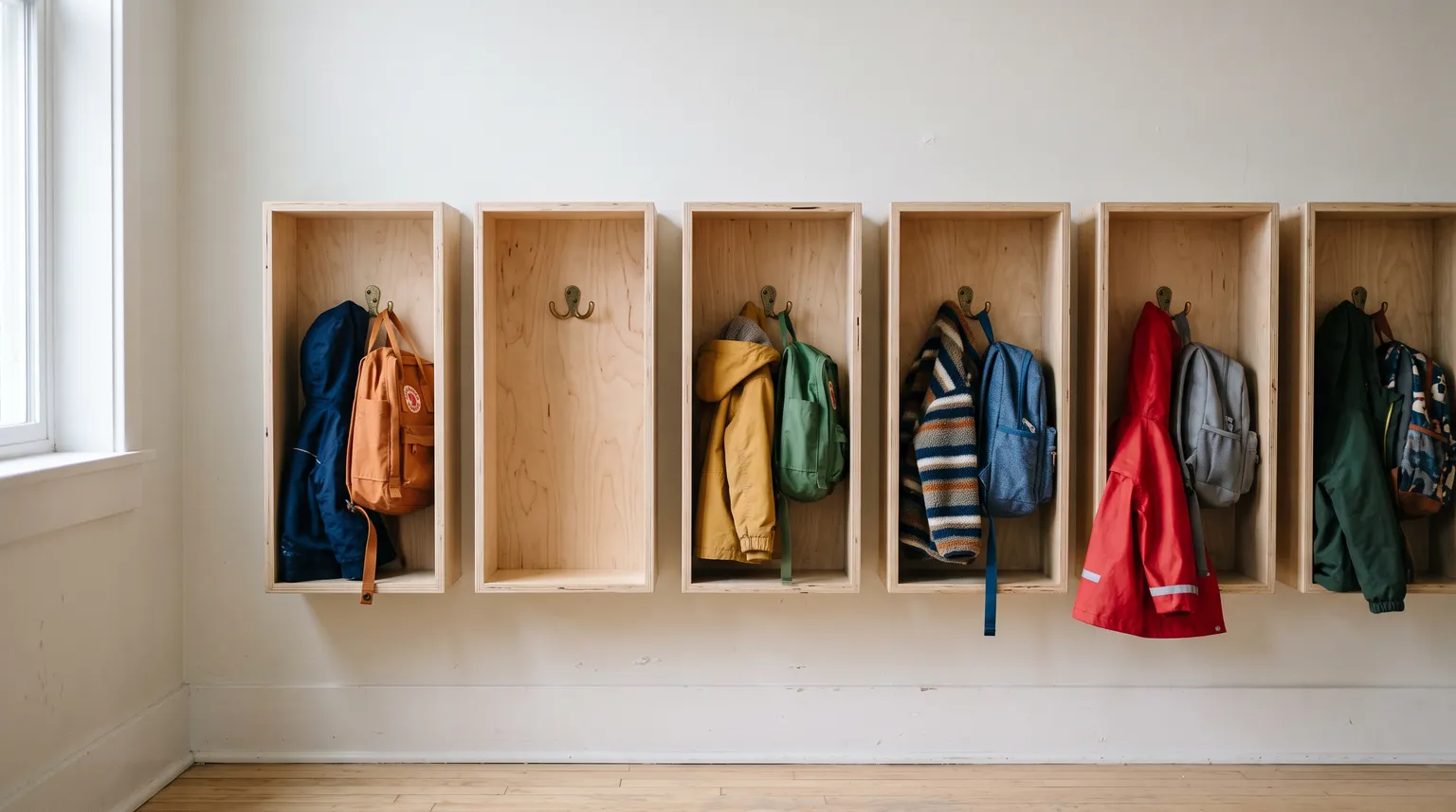 Une rangée de casiers de garderie en bois avec des manteaux et des sacs à dos d'enfants, un casier vide.