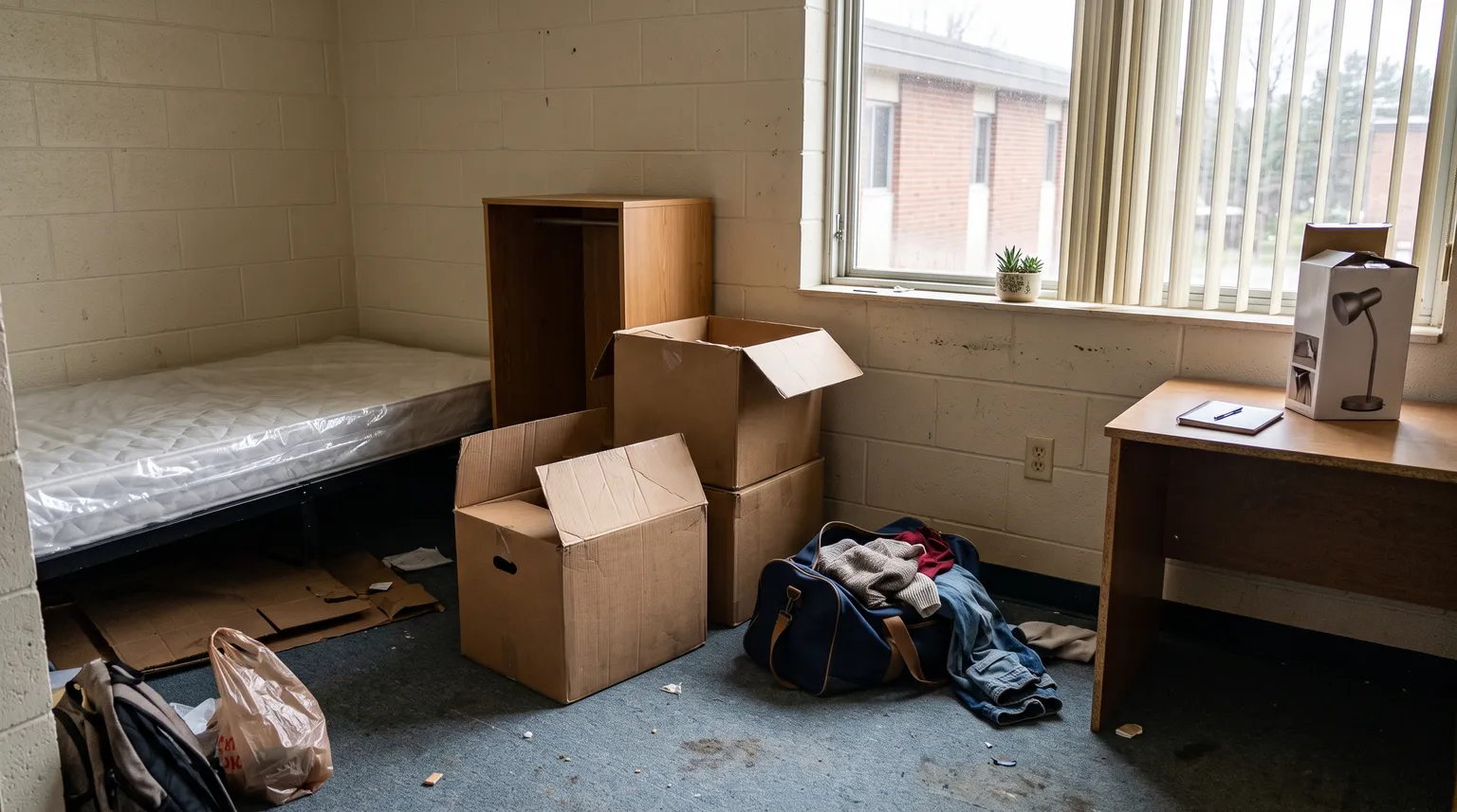 Une chambre de résidence universitaire à moitié déballée le jour de l'emménagement, avec des boîtes et un sac de sport près d'un lit simple.