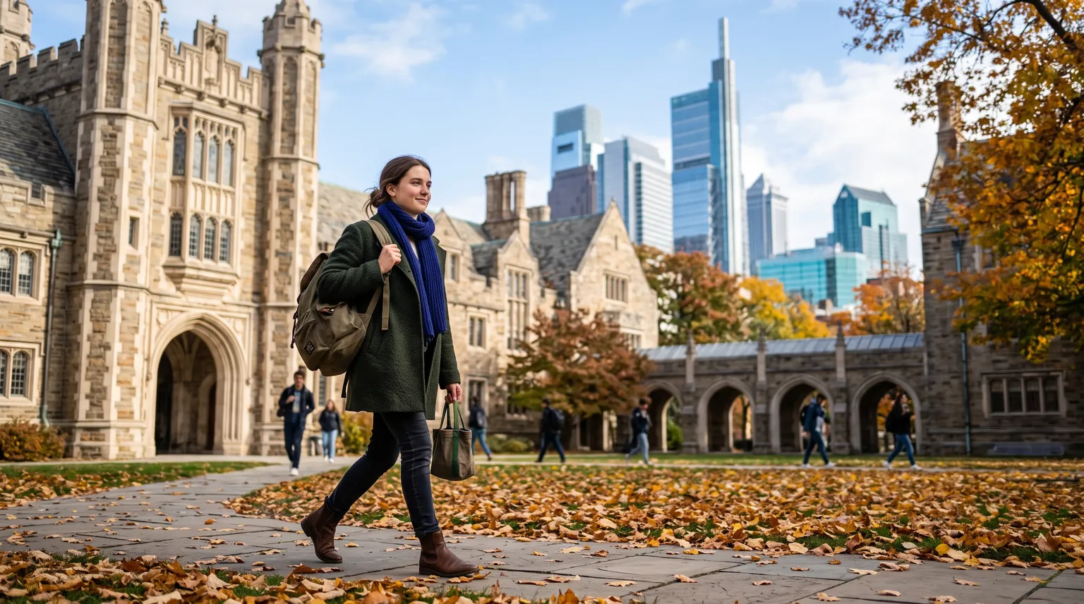 Une étudiante en manteau vert et foulard bleu traverse une allée couverte de feuilles dans une cour intérieure universitaire en pierre de style gothique, des tours de bureaux en verre derrière.