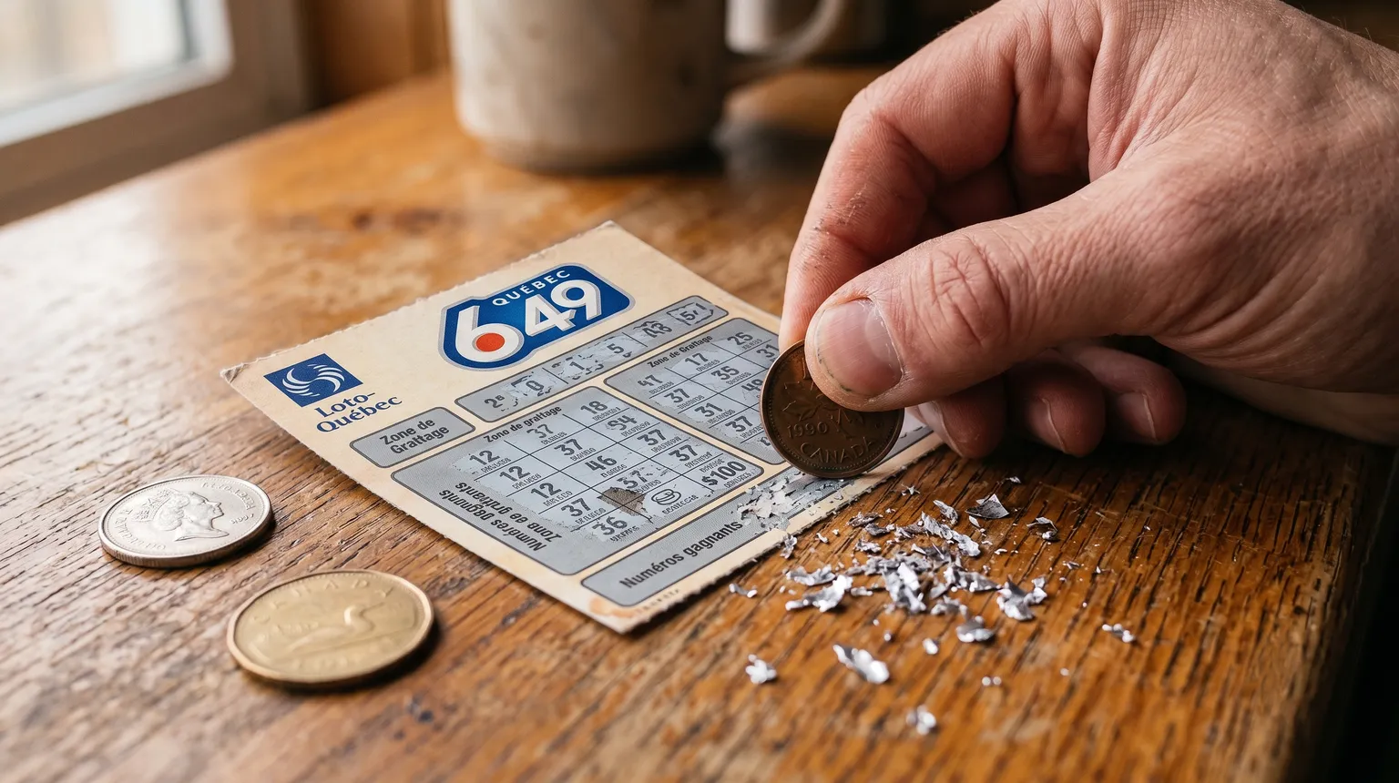 A hand scratching a plain silver scratch-off card with a coin on a wooden counter.