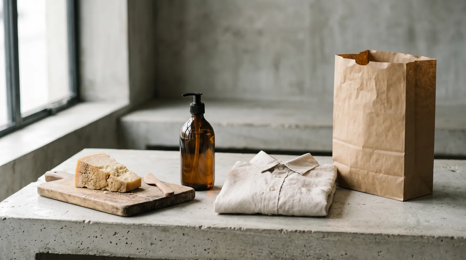 Groceries and household goods on a concrete counter: a block of cheese, a shampoo bottle, a folded cotton shirt and a paper bag.