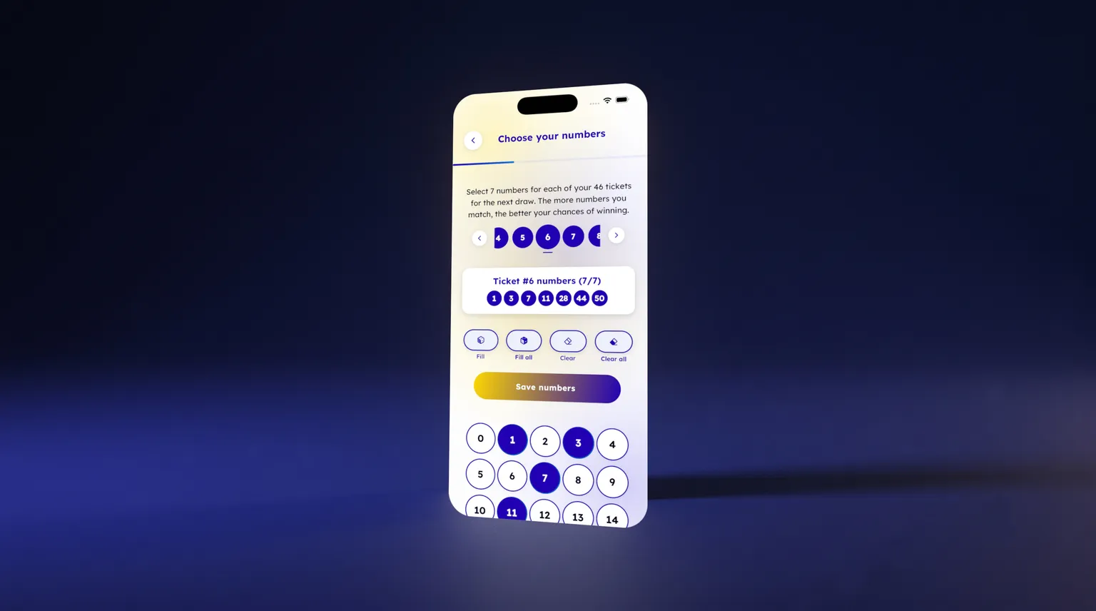 Un téléphone montrant l'écran Choisissez vos numéros de l'appli Lodavo pour le tirage hebdomadaire, sur un dégradé bleu profond.
