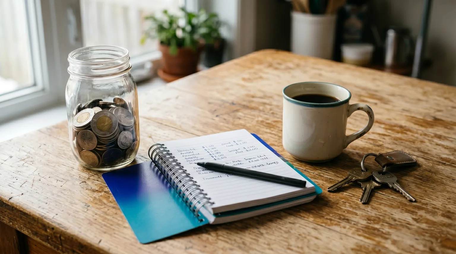 A jar of Canadian coins and a notebook on a kitchen table in soft morning light.
