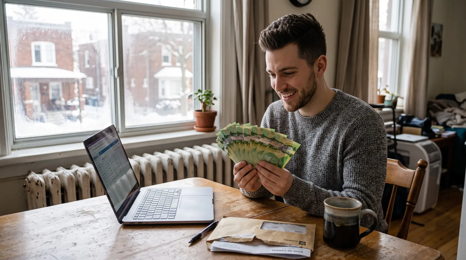 A man in his twenties at a kitchen table smiling at a fan of Canadian twenty dollar bills, an open laptop beside him.