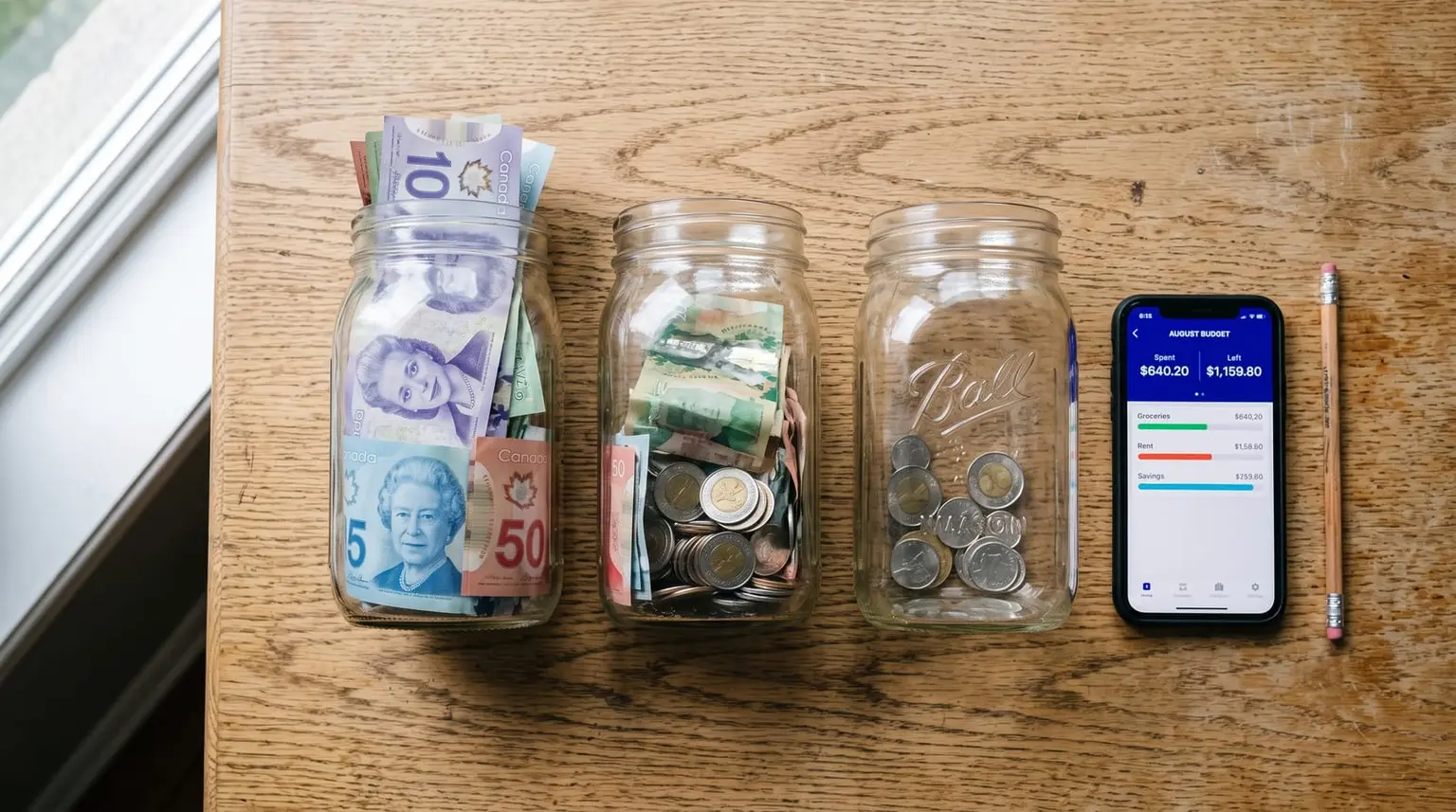 Three glass jars holding different amounts of Canadian cash beside a phone and pen on a light wood table.