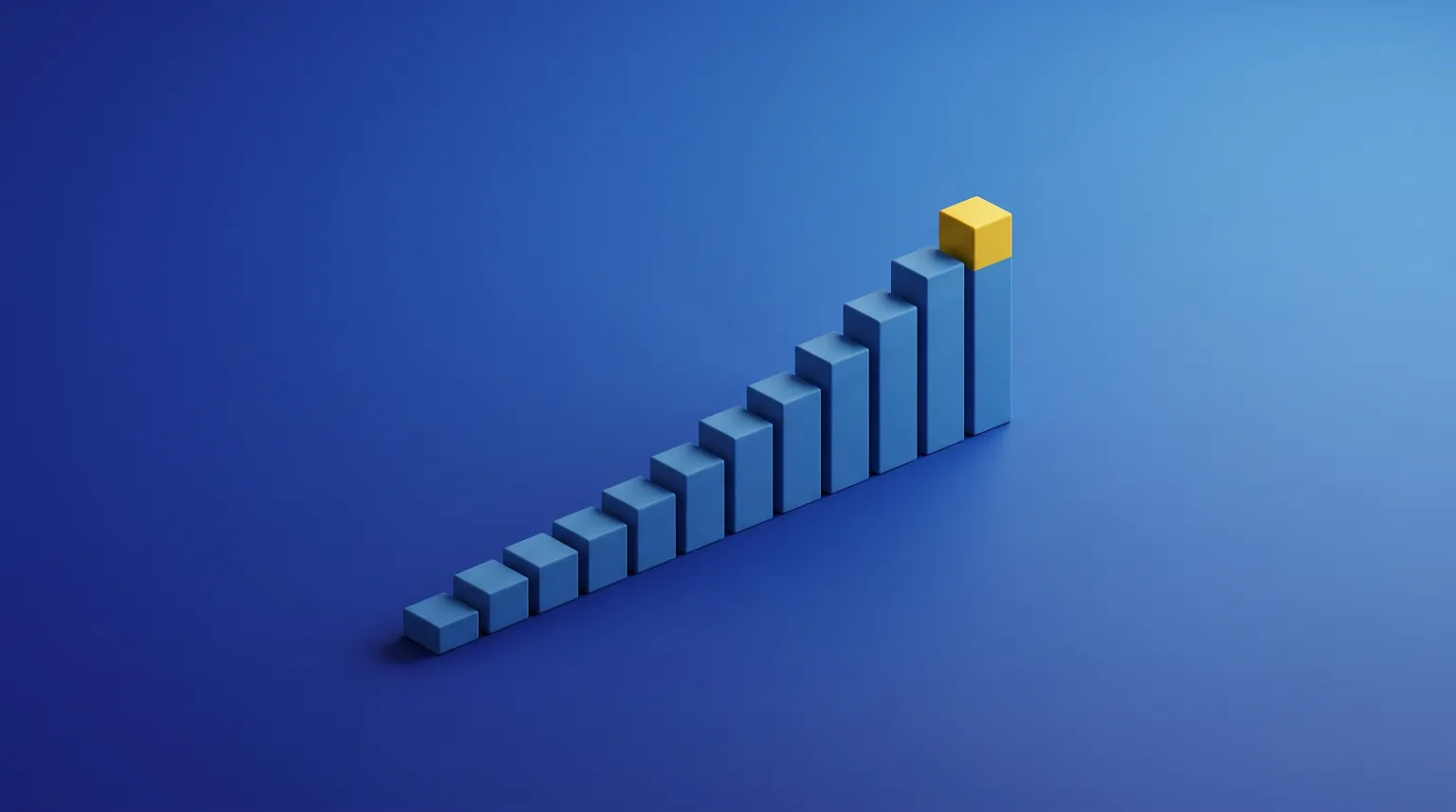 Une rangée de blocs bleus qui montent en escalier, le plus haut coiffé d'or.