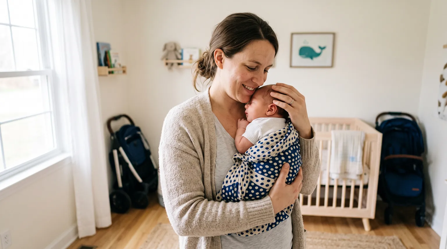 Un nouveau parent dans une chambre de bébé lumineuse tenant un nouveau-né, avec un lit de bébé et une poussette à l'arrière-plan.