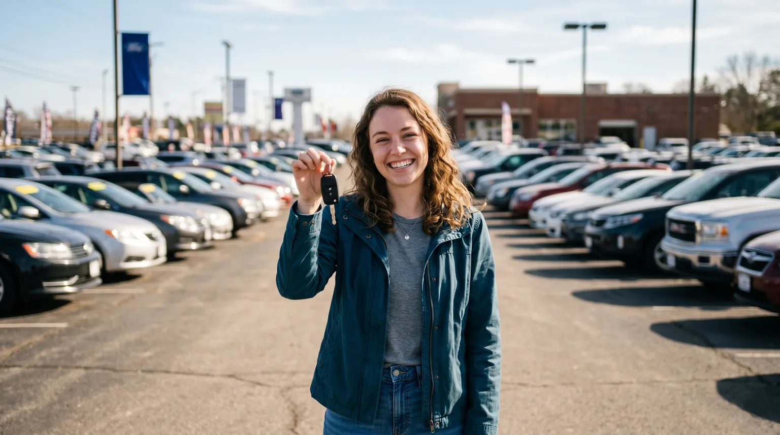 A young person on a sunny car dealership lot, holding the keys to a used car.